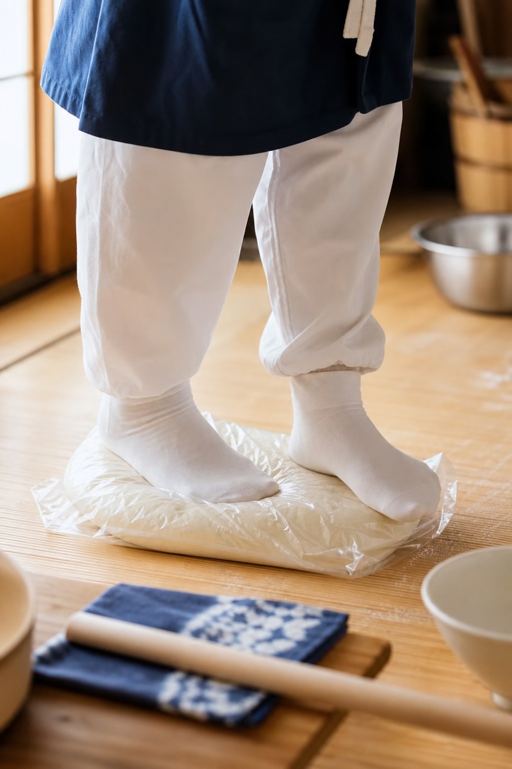 Udon dough protected inside a bag while being kneaded by foot