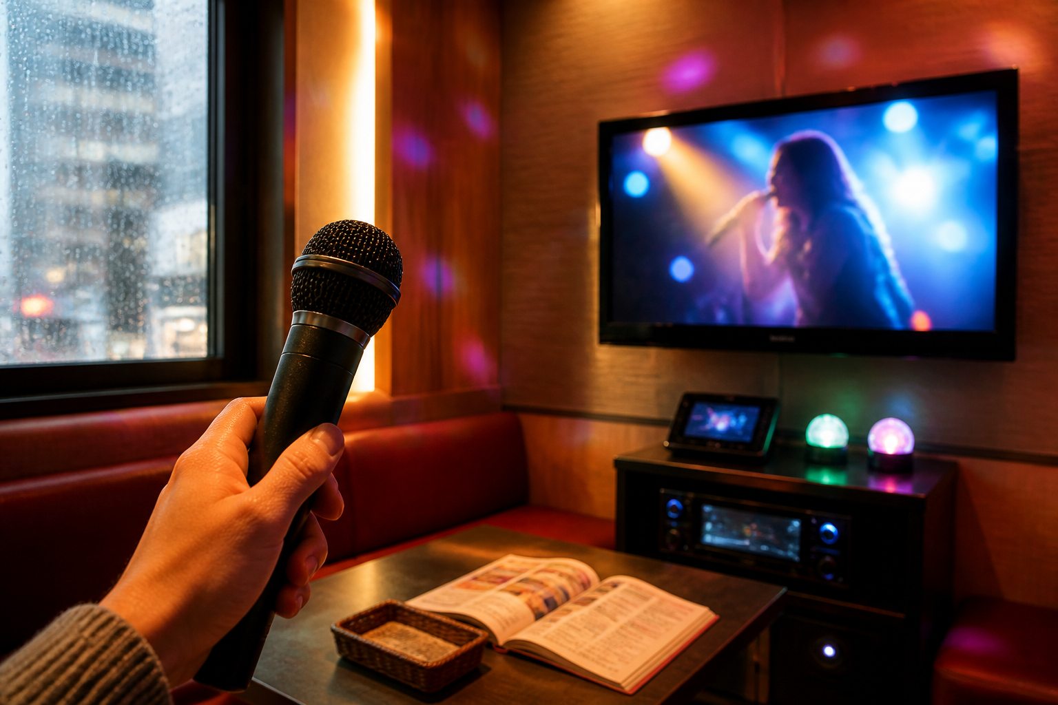 A private karaoke room in Tokyo on a rainy afternoon