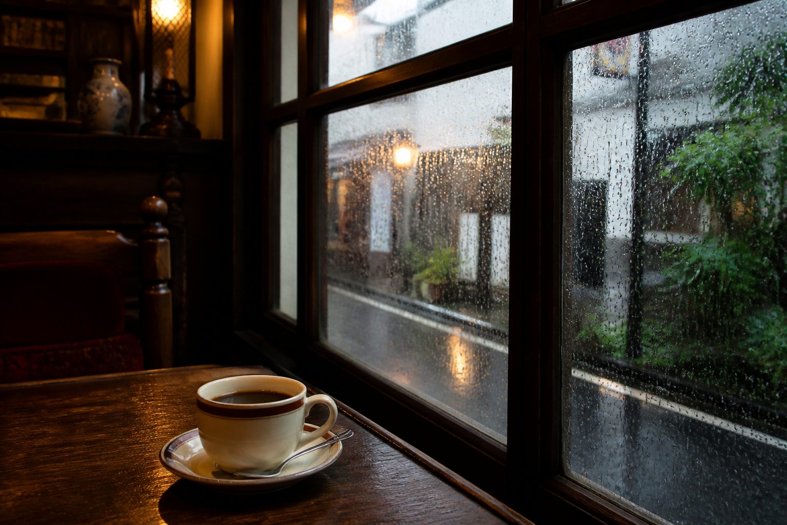 Coffee beside a rain-streaked window in a traditional Tokyo kissaten