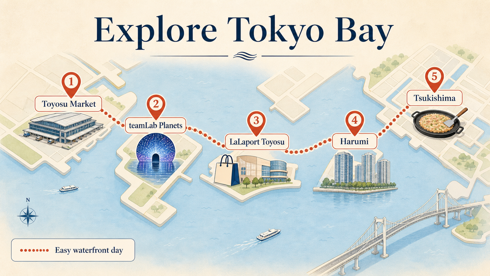 Illustrated route map of Toyosu, Harumi and Tsukishima