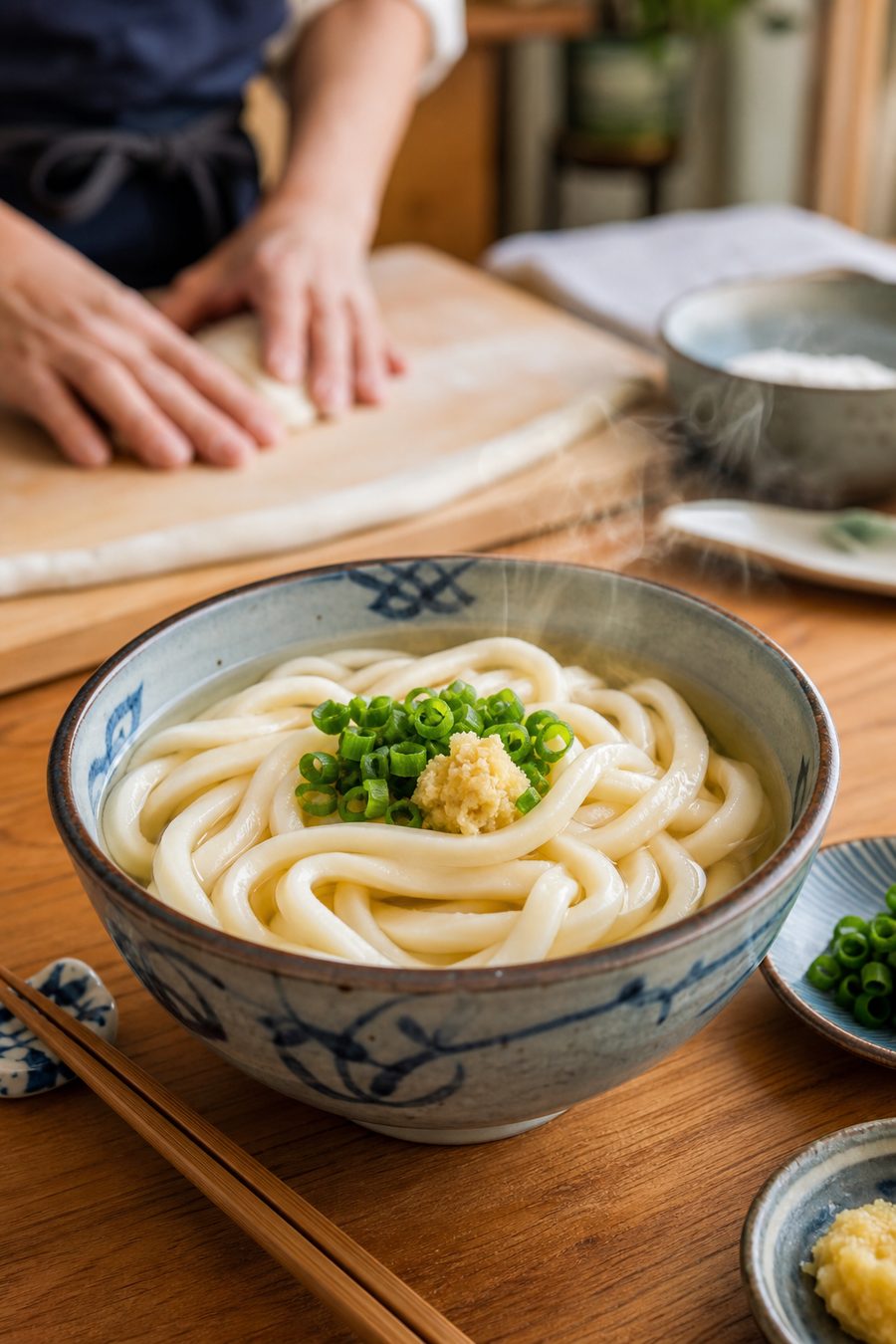 Freshly boiled handmade Sanuki udon served in a bowl