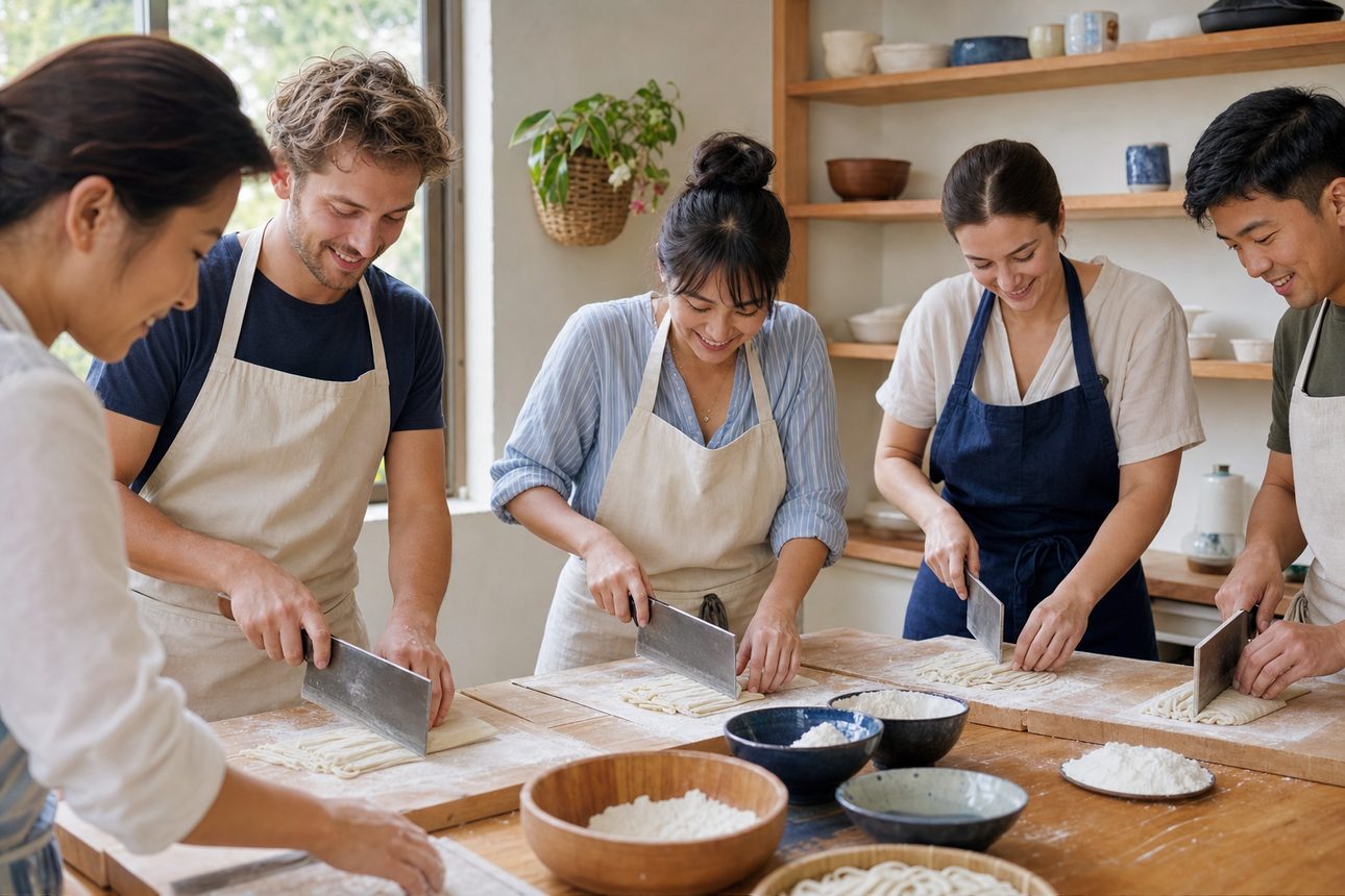 International guests cutting handmade udon noodles in a Tokyo cooking class